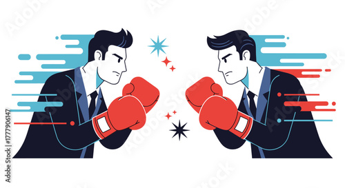 Two businessmen in boxing gloves facing off, symbolizing intense competition, conflict, or a challenging business rivalry.