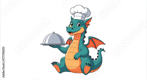 A friendly cartoon chef dragon wearing a chef's hat, happily holding a silver serving platter, ready to serve a delicious meal.