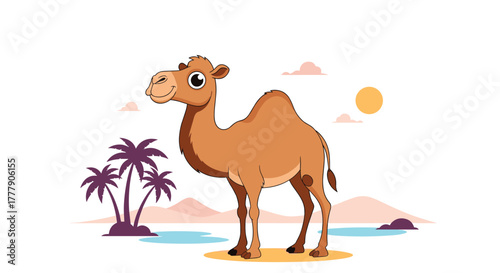 A cheerful cartoon camel stands prominently in a stylized desert oasis scene, complete with towering palm trees and a warm sun.