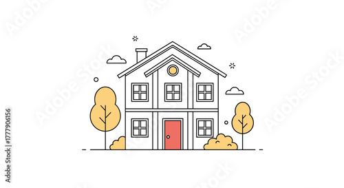 Minimalist line art illustration of a two-story house with a red door, trees, and clouds, depicting a cozy suburban home.