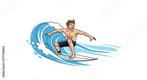A cheerful cartoon surfer rides a dynamic blue wave with arms spread for balance, capturing the joy and excitement of the sport.