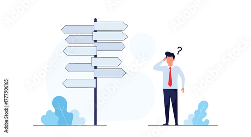 Confused businessman ponders multiple blank signpost directions, symbolizing the challenge of making difficult choices and finding the right path.