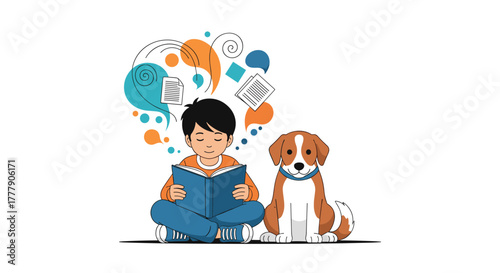 A boy peacefully reads a book with his dog beside him, fostering imagination and knowledge, a scene of quiet learning and friendship.