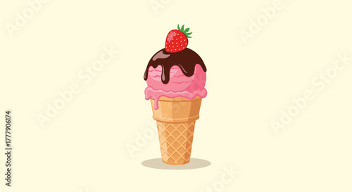 A delightful strawberry ice cream cone topped with rich chocolate syrup and a fresh strawberry, perfect for a refreshing summer treat.