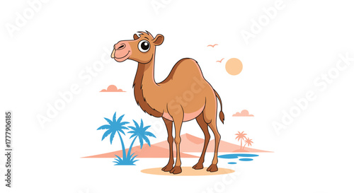 A friendly cartoon camel stands smiling in a desert oasis scene with palm trees, sand dunes, a lake, and a setting sun.