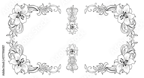Elegant black and white line art featuring decorative floral corner frames and vertical ornamental elements with lily flowers and swirling leaves.