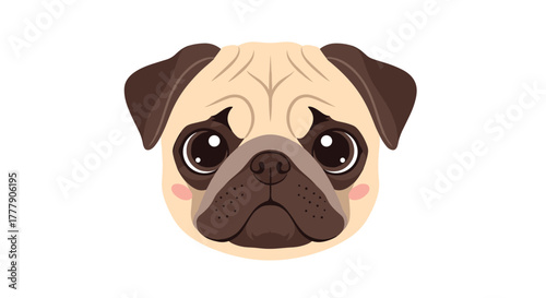 A charming digital illustration of a fawn-colored pug's head, featuring large, soulful eyes and adorable cheek blush on a white background.