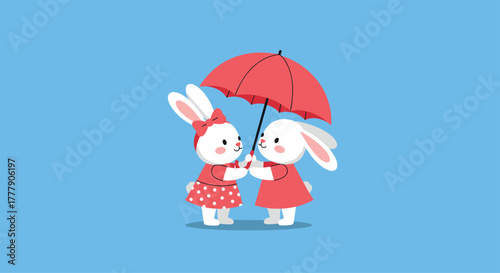 Two delightful cartoon bunnies, dressed in red, happily share a vibrant red umbrella, symbolizing friendship, togetherness, and care.