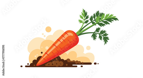 A freshly harvested, bright orange carrot with green leaves being pulled from the rich soil, surrounded by airborne dirt and dust in a vibrant flat design.