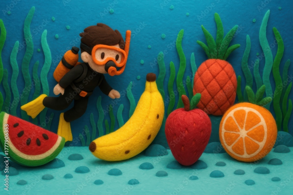 Fototapeta premium Adventurous Diver Among Tropical Fruits in a Vibrant Underwater Paradise Creation