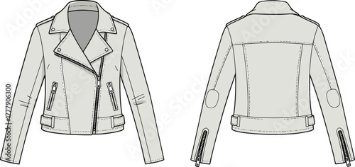 Women's biker jacket technical sketch, front and back view, asymmetrical zipper, fashion illustration, garment design, apparel template, outerwear