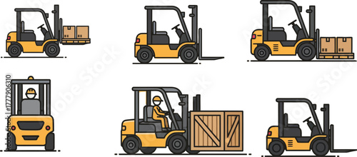 Forklift Truck Vector Set – Warehouse Logistics Equipment, Cargo Lift, Industrial Machine Icons