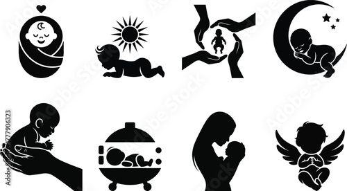 Baby silhouettes collection: care, growth, sleep, and love icons