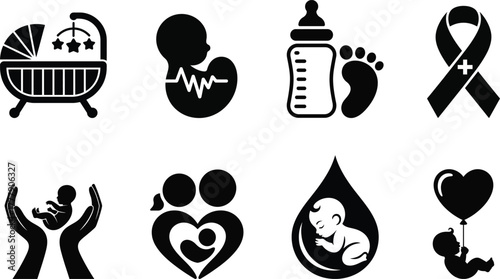 Newborn baby care and maternity related vector icons collection