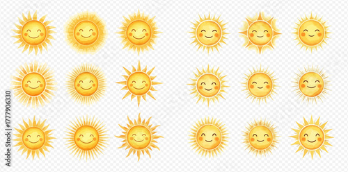 Collection of cute cartoon suns with smiling faces and various ray designs on a transparent background, perfect for summer themes.