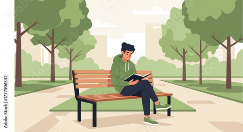 Person Enjoying Reading Outdoors On a Bench in the Park, Afternoon Relaxing Time