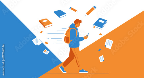 Student Immersed in Learning and Using Modern Technology During His Walk