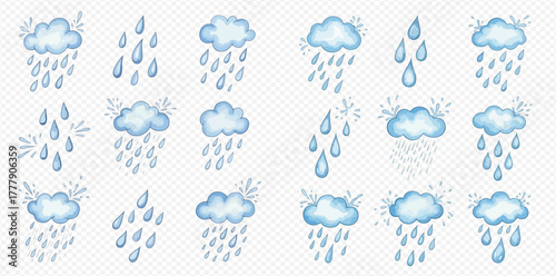 Collection of cartoon blue clouds with falling raindrops and water splashes on a transparent background.