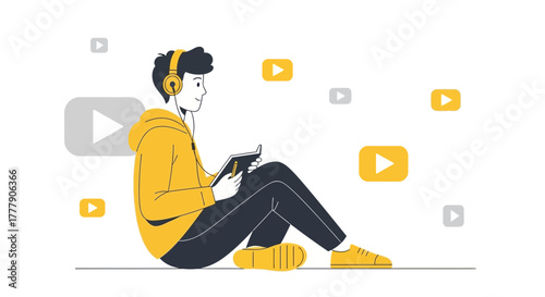 Person Listening Music and Taking Notes, Online Learning, Education Concept Illustration