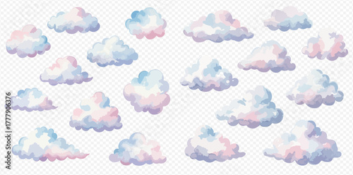 Collection of soft pastel watercolor clouds in various shapes on a transparent background.
