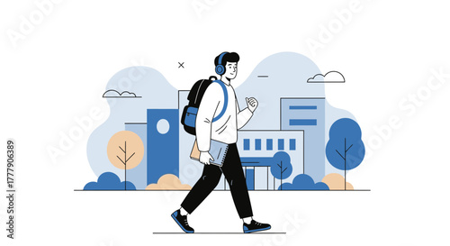 Student Listening Music While Walking Toward His College In Trendy, Modern Illustration