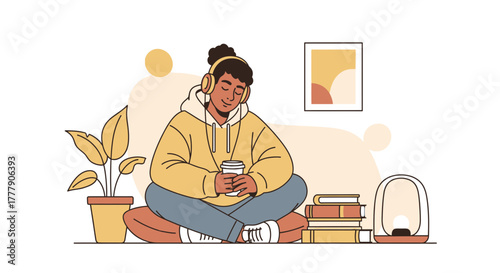 Person Relaxing in a Cozy Room Listening to Music or a Podcast While Sipping Coffee