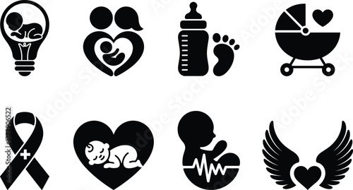 Pregnancy, baby, family and care vector icon set, black silhouettes.
