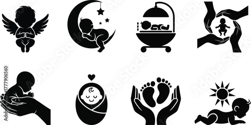 Baby care and infancy icons collection: newborn safety and love