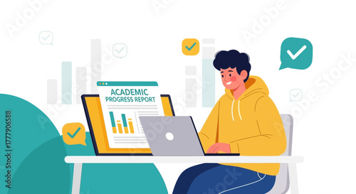 Student Studies Online Academic Report And Achieves Perfect Grades Through Laptop Digital Technology