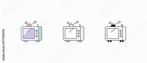 Television icon multiple styles, including flat, line, glyph, and colored variations. Vector stock illustration