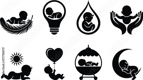 Baby and infant care icons: growth, love, protection, and new life