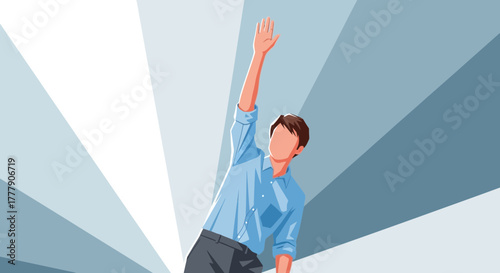 Reaching Higher: A Confident Figure Gesturing Upward Against a Dynamic Background