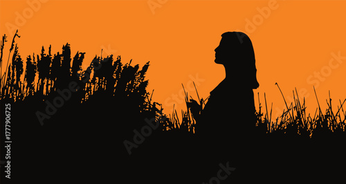 Woman Silhouette Sunset Field.eps
