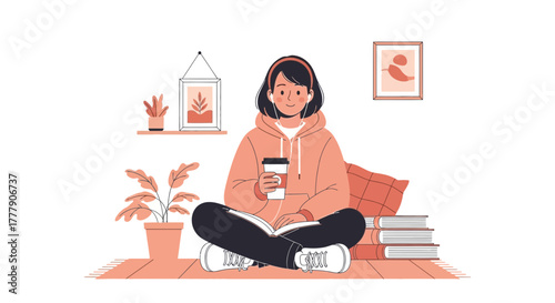 Relaxed Lifestyle: Female Reading Book with Coffee and Music Enjoying Home Interior