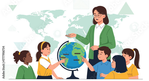 Students And Teacher Exploring Planet Earth Using A Globe For Educational Purposes