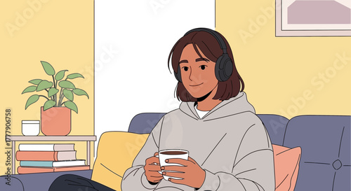 Relaxed Woman Enjoys a Break Listening to Music and Drinking Coffee at Home