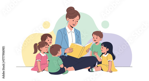 Teacher Reading A Book To A Group Of Children, Sharing Knowledge And Joy