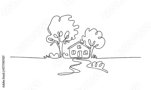 Minimal Single Line Cottage and Pine Trees Vector Drawing Illustration, easily editable.