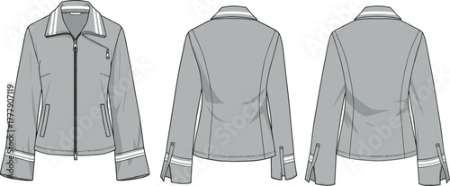 Women's technical jacket sketch, front back side view, zip-up design, fashion flat drawing, apparel template, garment construction illustration