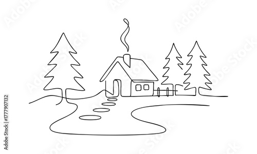 Modern One Line Countryside Scene Outline Vector Art Illustration, easily editable.