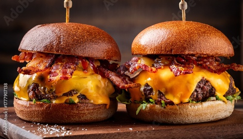 two delicious smash burgers with cheddar cheese crispy bacon and garlicky sauce on craft burger buns