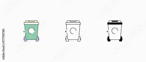 Trash Bin icon multiple styles, including flat, line, glyph, and colored variations. Vector stock illustration