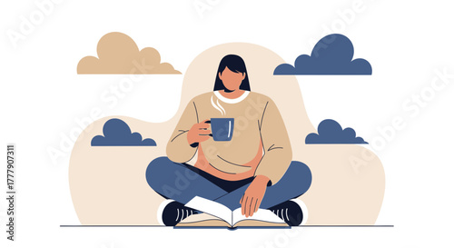 Woman Enjoying Coffee While Reading Opens A Book With Clouds in the Background