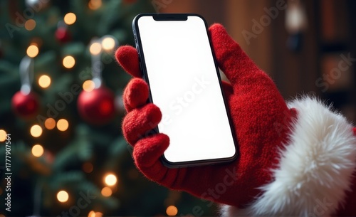 Hand in a red Santa glove holding a mobile phone mockup in a cozy Christmas setting
