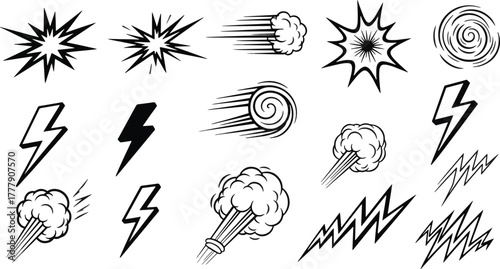 Collection of hand drawn comic elements featuring explosion, wind, lightning, and speed