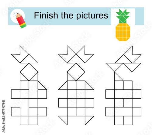 Activity for kids. Finish the pictures so that they all look the same. Cartoon ananas.