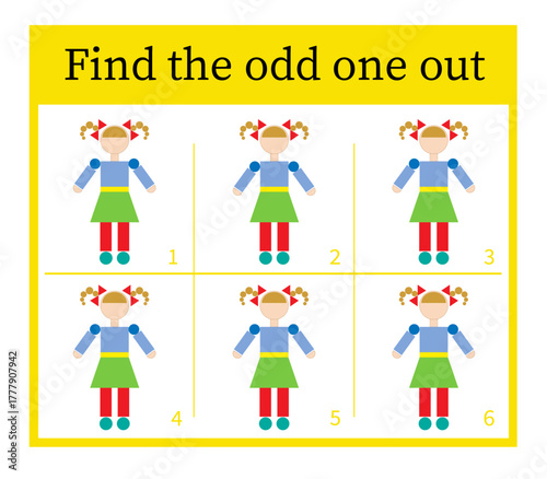  Attention task. Kids activity page. Cartoon dolls. Vector illustration.