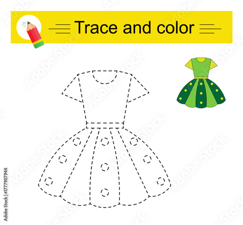 Trace and color for children. Preschool worksheet for practicing fine motor skills. Girl dress. 