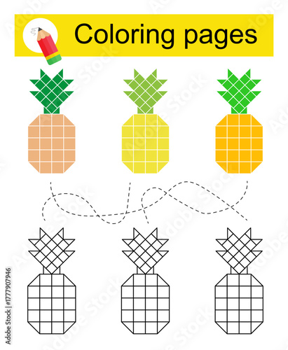 Educational game for kids. Go through the maze and color a cartoon pineapple according to the pattern.