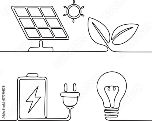 Solar energy and sustainable power concept with solar panel, light bulb, battery, and leaf illustrations